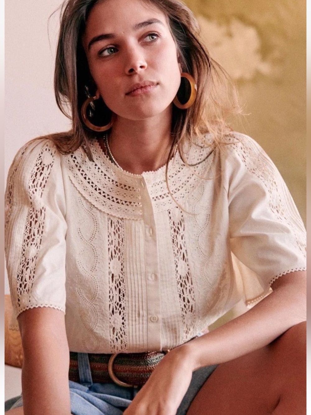 Gorgeous $250 SEZANE Jane Blouse Embroidered Lace Ecru Cream Size 42 US Size 10